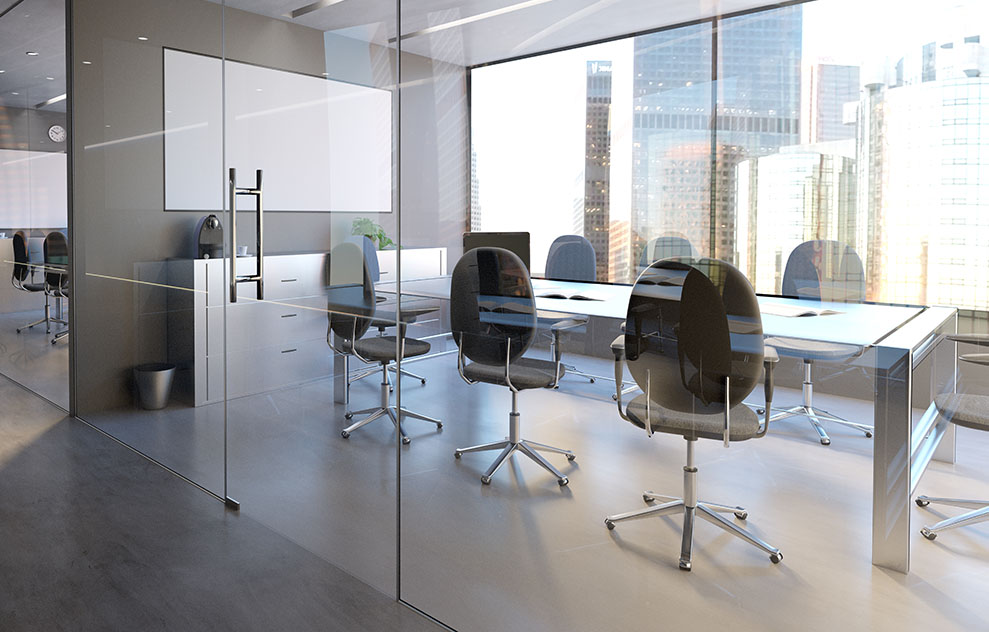 View of a Glass Office Room Wall Mockup - 3d rendering